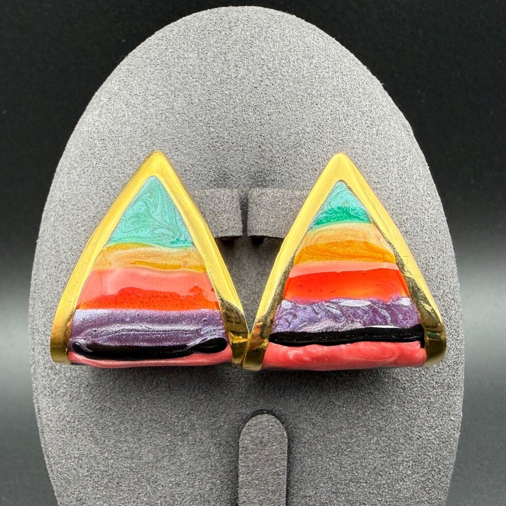 Vintage Rainbow Striped Triangle Pierced Earrings Colorful Geometric Statement